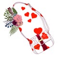 bag with red hearts, rose flowers, leaves. vector illustration